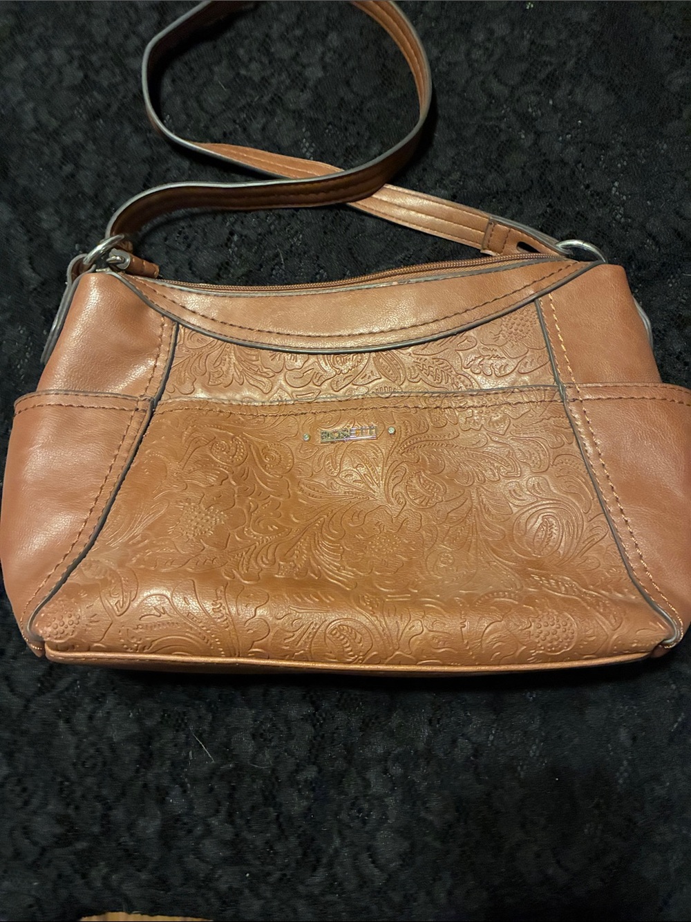 Embossed Tan Leather Crossbody Bag - Unknown Brand